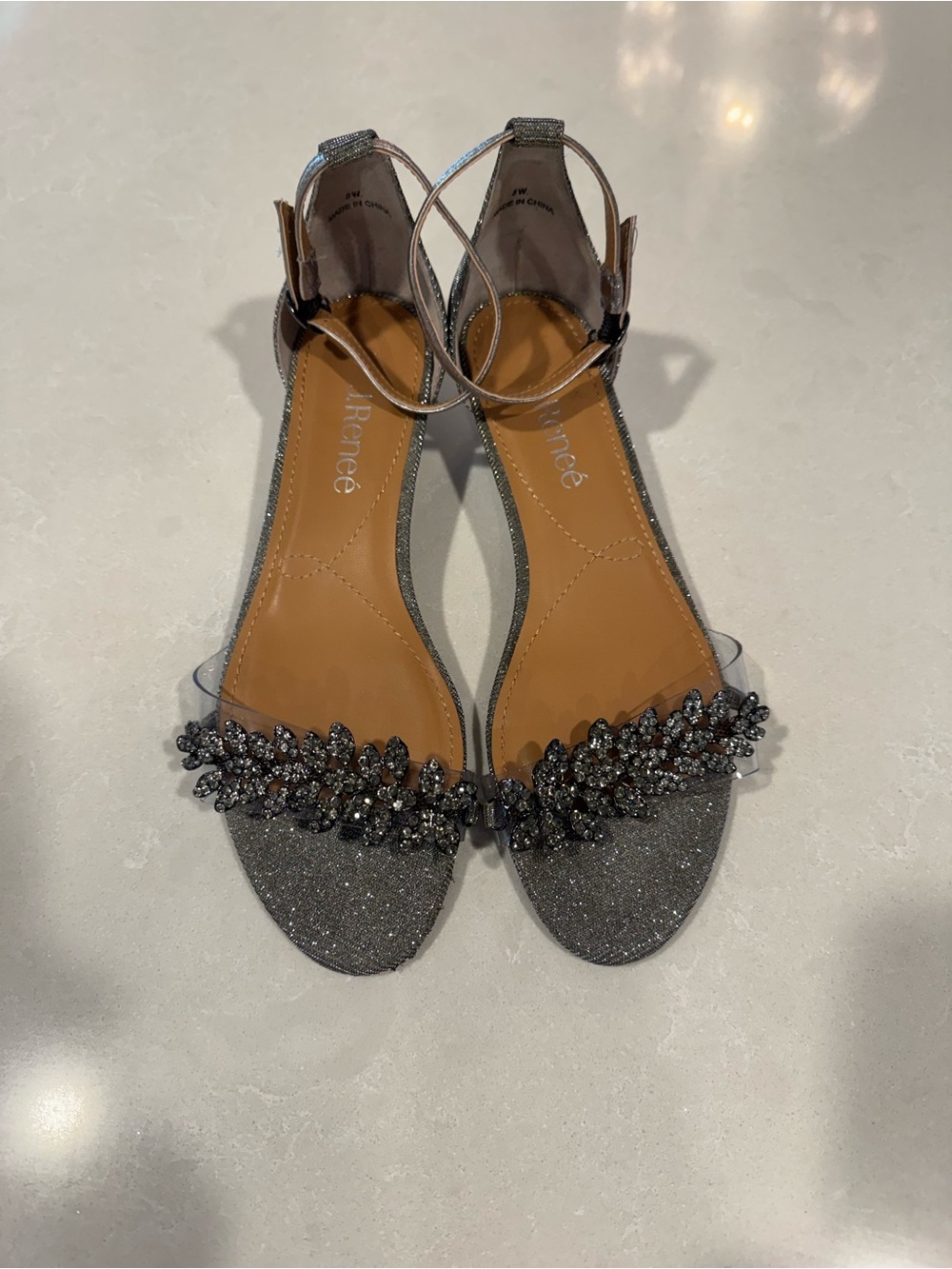 J.Renee Gunmetal Glitter Jeweled Ankle-Strap Sandals